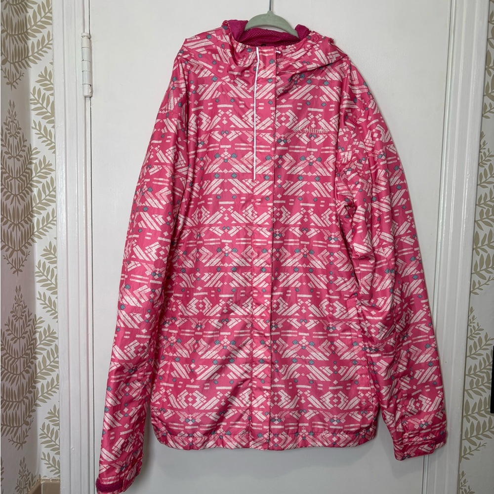 Columbia Girl’s Pink Geometric Rain Jacket Size Youth XL